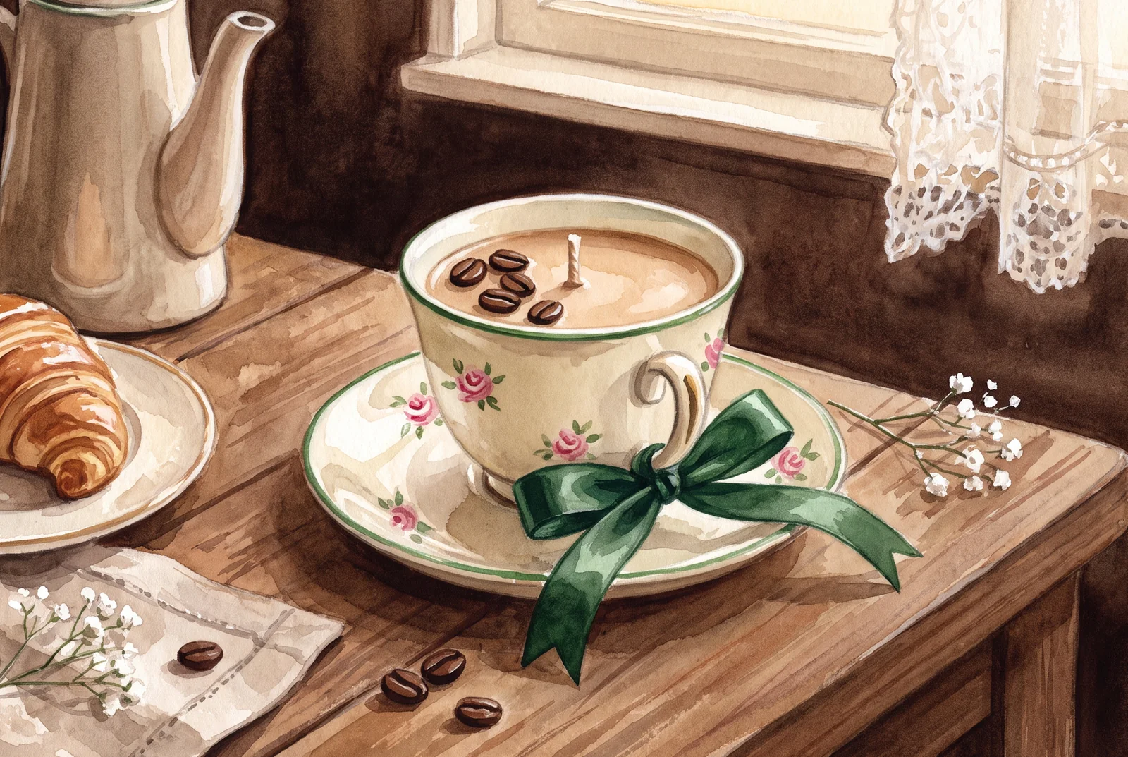 Ilustrație cu o masă de dimineață lângă fereastră, cu ibric, un croissant și lumânarea în ceșcuță