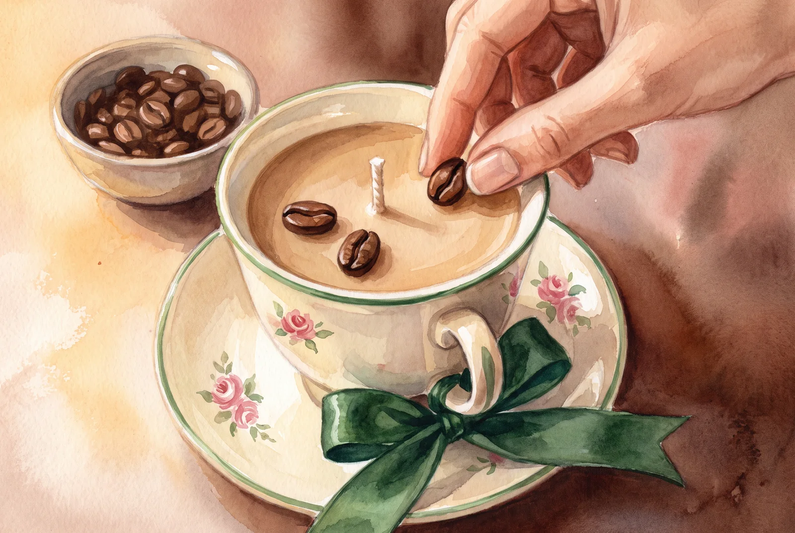 Ilustrație cu o mână care așază o boabă de cafea pe ceara din ceșcuță