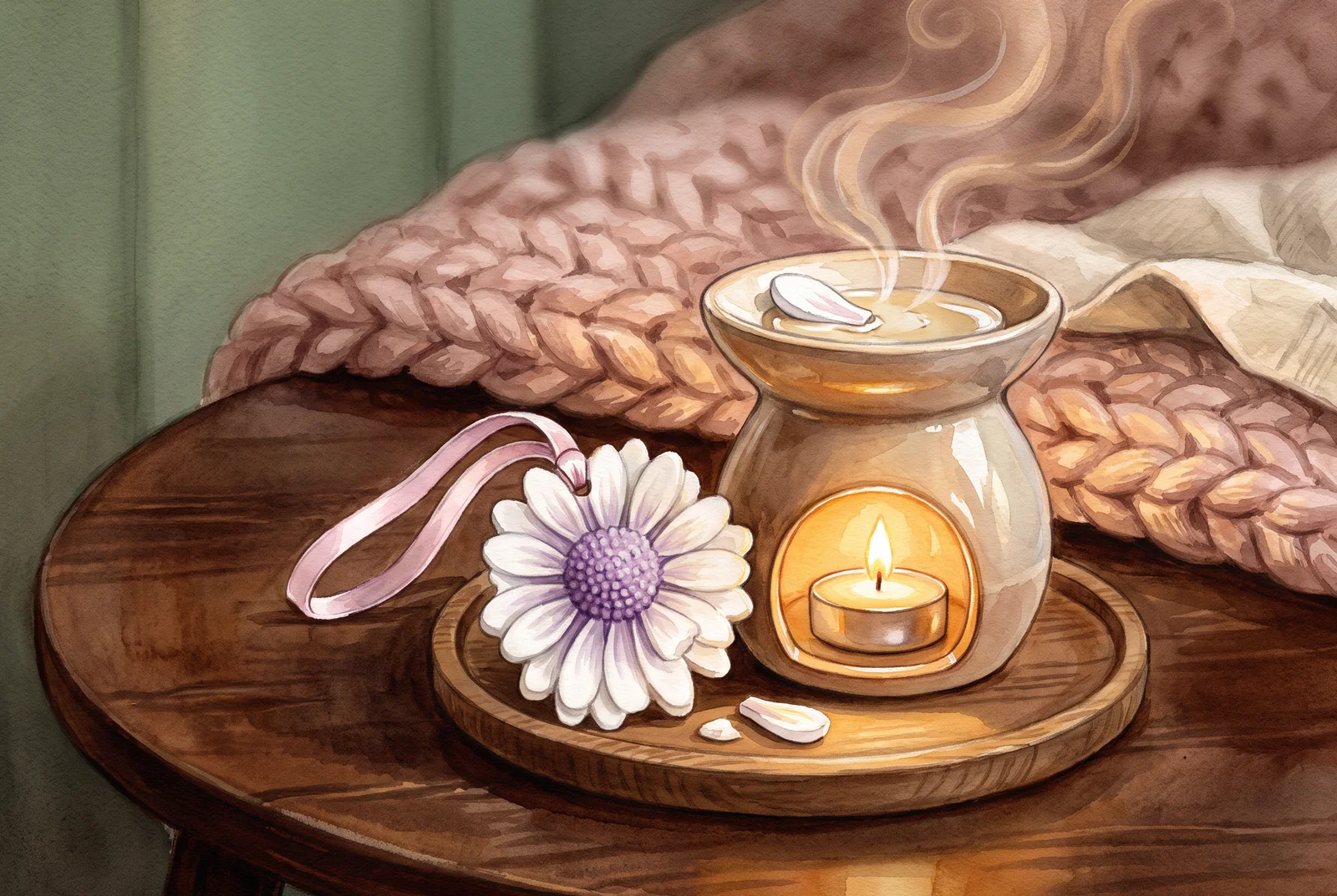 Ilustrație cu o lampă de aromaterapie aprinsă și margareta de ceară pe o tăviță alături