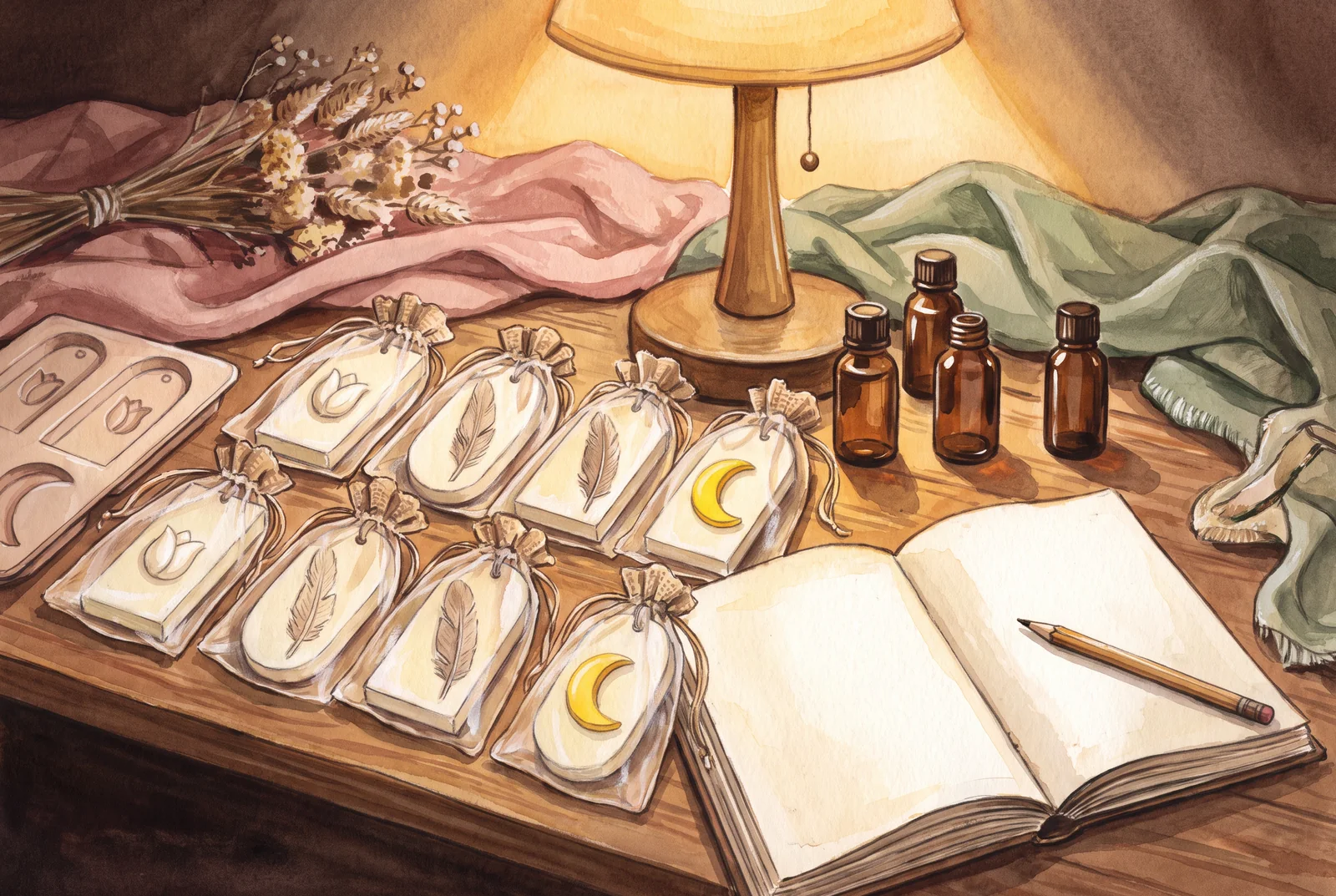 Ilustrație cu o masă de atelier cu plăcuțe de ceară crem cu lalea, pană și lună, forme din silicon și un caiet