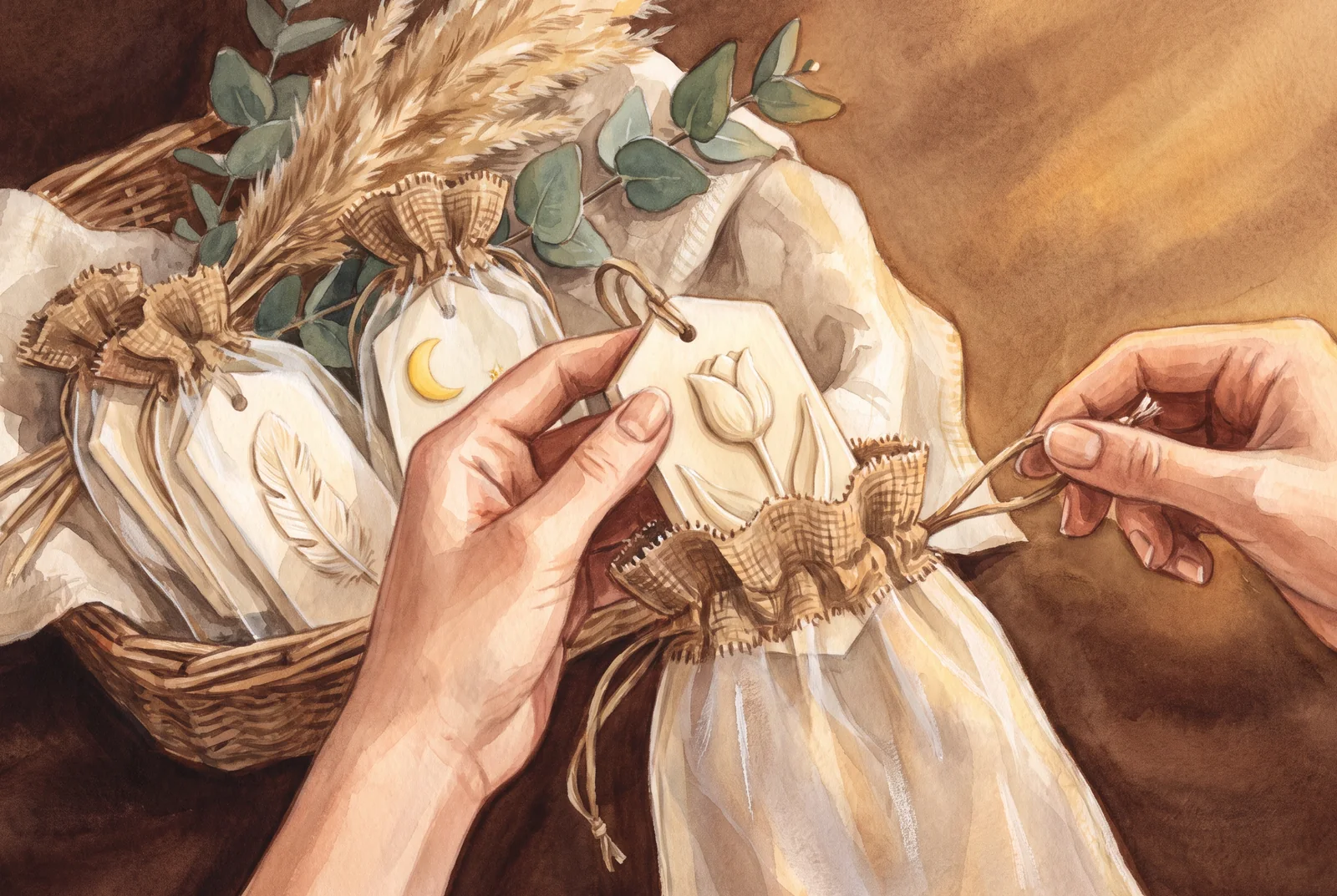 Ilustrație cu două mâini care strâng volanul de iută al unui săculeț de organza, lângă un coș cu mărturii
