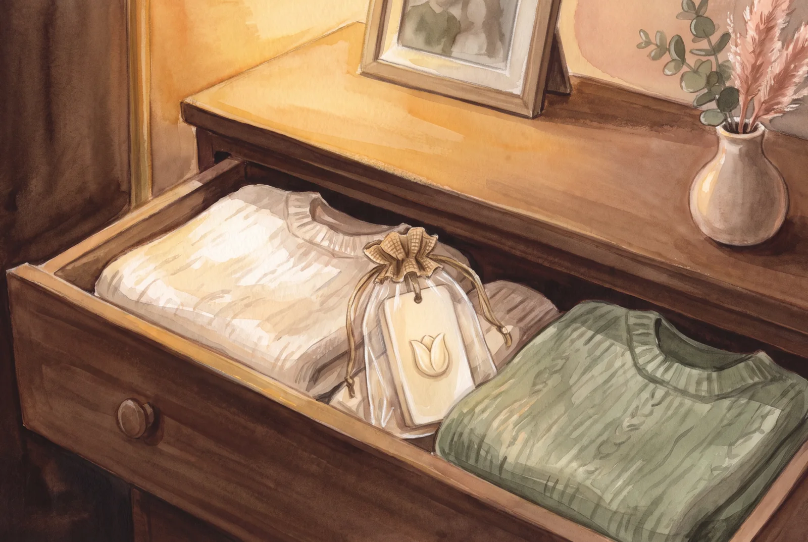 Ilustrație cu un sertar deschis cu pulovere împăturite și o mărturie în săculeț de organza printre ele