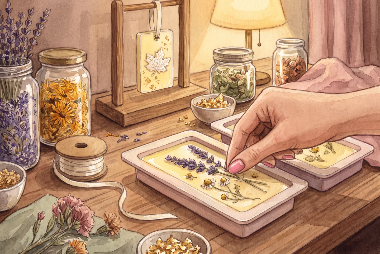 Ilustrație cu forme pline de ceară galbenă și o mână care presează o crenguță de lavandă în ceara moale