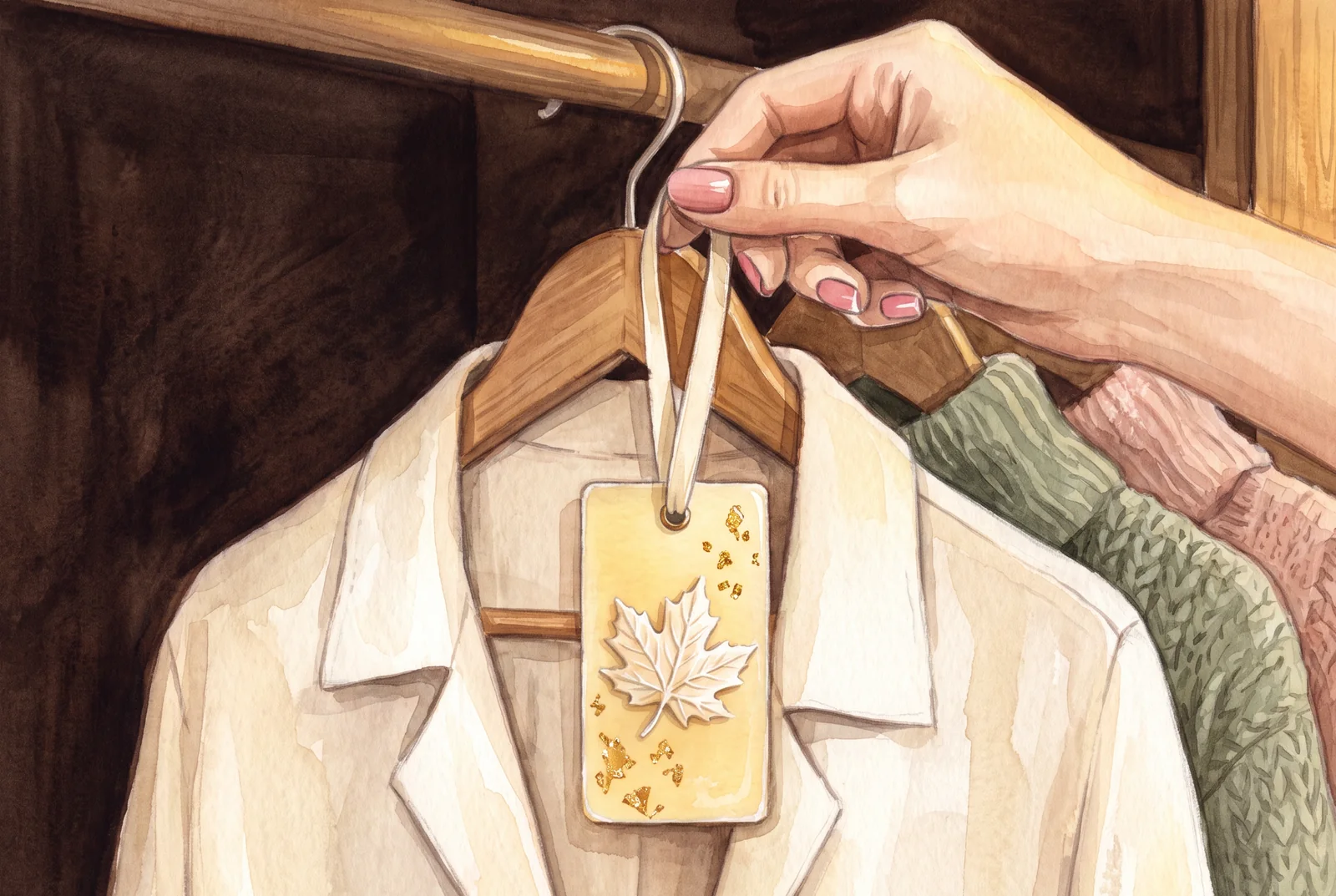 Ilustrație cu o mână care agață șnurul plăcuței de un umeraș cu o cămașă albă