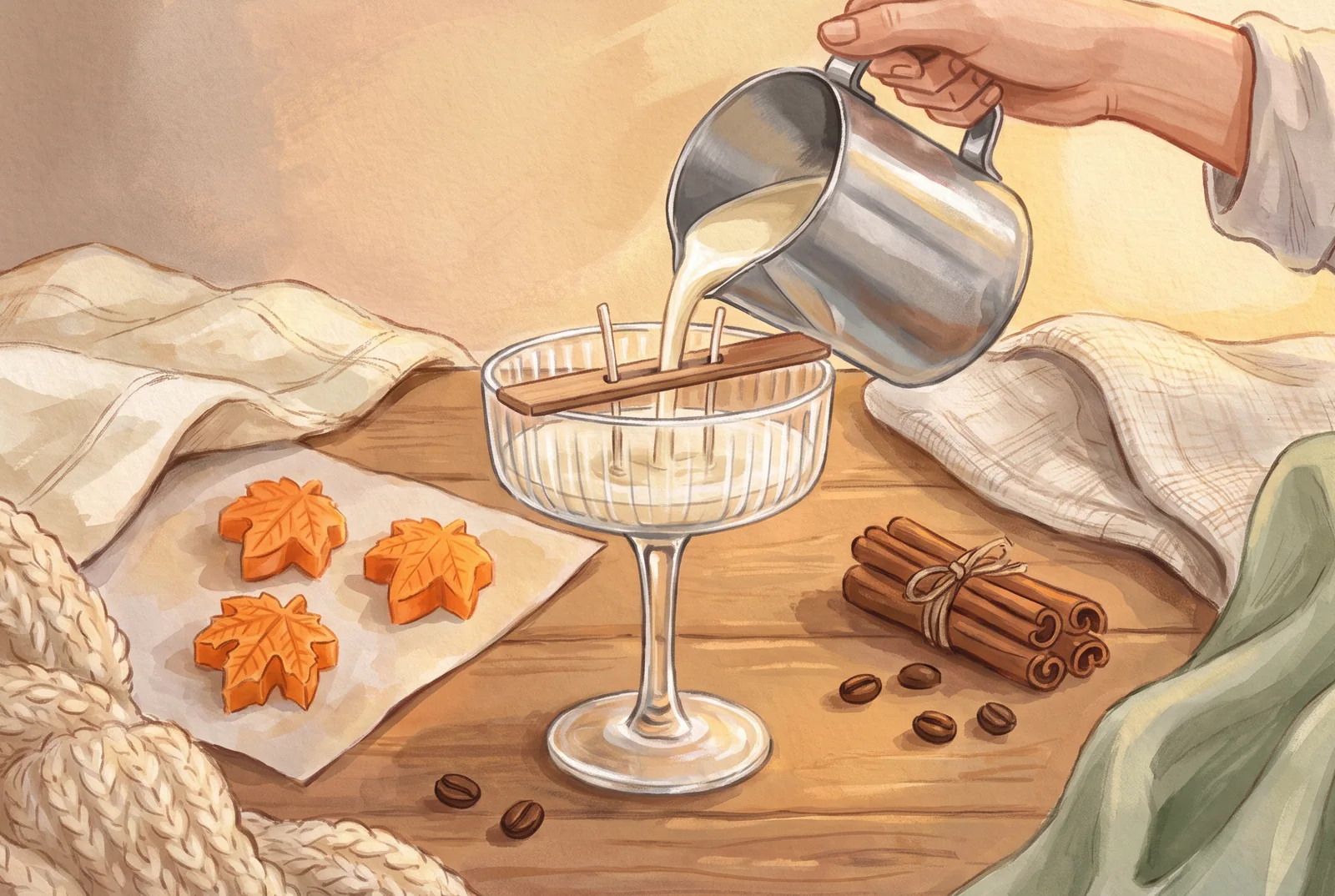Ilustrație cu o mână care toarnă ceară crem dintr-un ibric de oțel în cupa de sticlă, lângă frunze de arțar din ceară